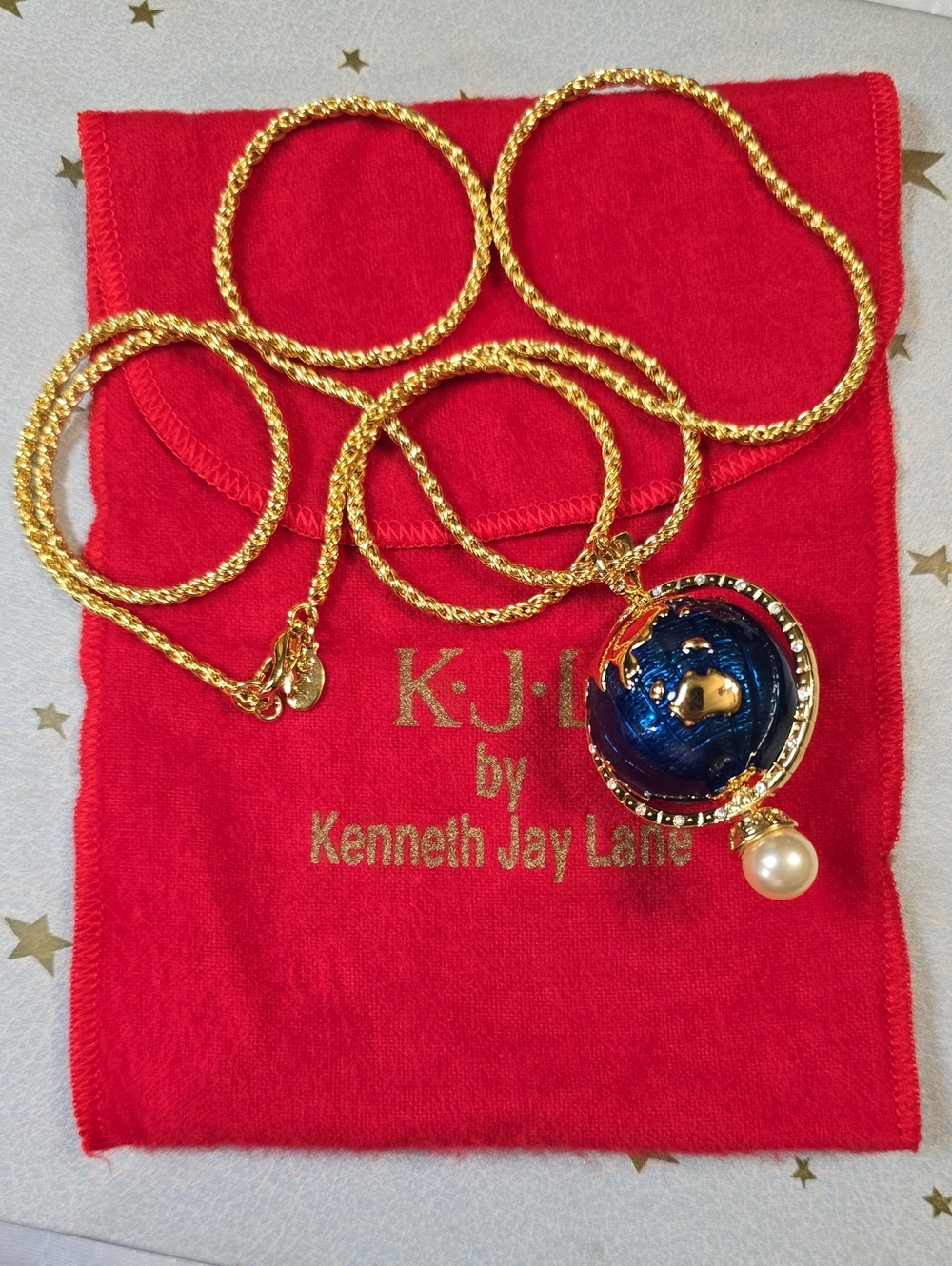 Rare Kenneth Jay Lane World Peace Blue Globe Pendant Necklace with Pearl Drop